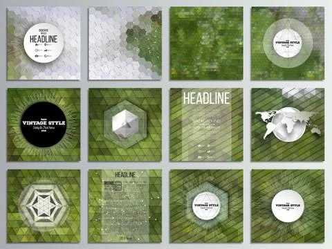 Set of 12 creative cards, square brochure template design. Nature landscape Stock Illustration