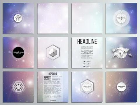 Set of 12 creative cards, square brochure template design. Blue abstract winter Illustrazione stock