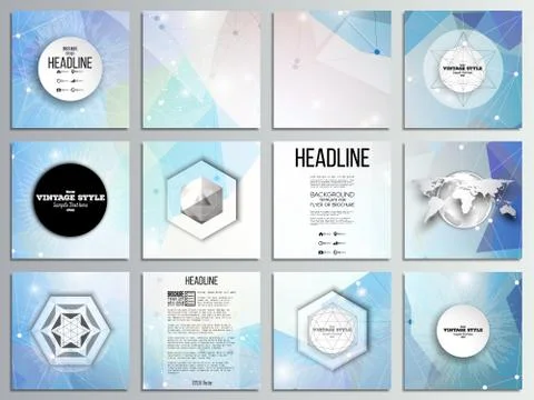 Set of 12 creative cards, square brochure template design. Abstract multicolored Stock Illustration