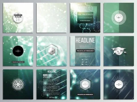 Set of 12 creative cards, square brochure template design. DNA molecule Illustrazione stock