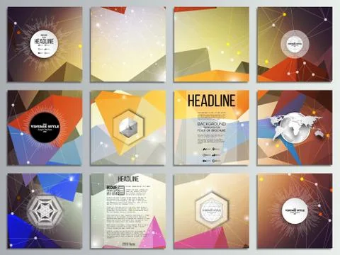 Set of 12 creative cards, square brochure template design. Abstract multicolored Stock Illustration