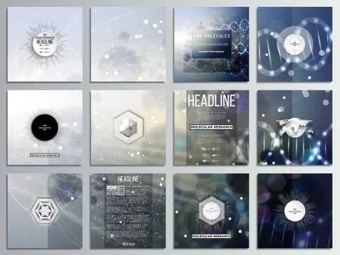 Set of 12 creative cards, square brochure template design. DNA molecule Stock Illustration