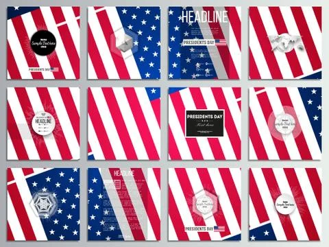 Set of 12 creative cards, square brochure template design. Presidents day Stock Illustration
