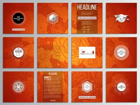Set of 12 creative cards, square brochure template design. Chinese new year Illustrazione stock