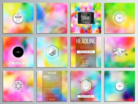 Set of 12 creative cards, square brochure template design. Colorful background Stock Illustration