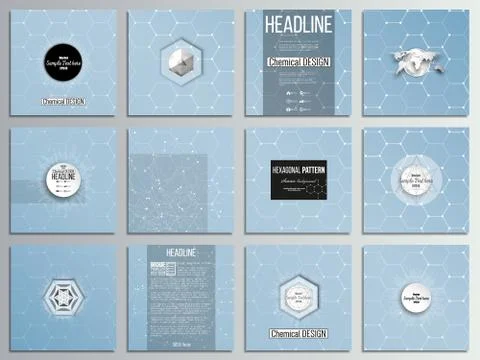 Set of 12 creative cards, square brochure template design. Chemistry pattern Stock Illustration