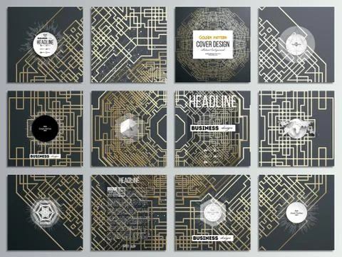 Set of 12 creative cards, square brochure template design. Golden technology Illustrazione stock