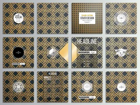 Set of 12 creative cards, square brochure template design. Islamic gold pattern Stock Illustration