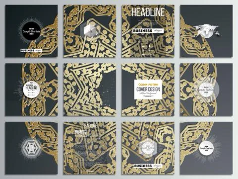 Set of 12 creative cards, square brochure template design. Golden microchip Illustrazione stock