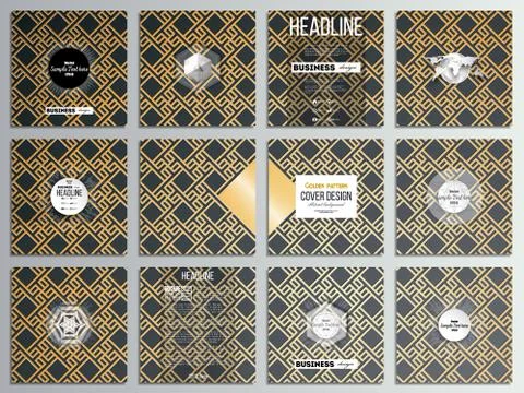 Set of 12 creative cards, square brochure template design. Islamic gold pattern Stock Illustration