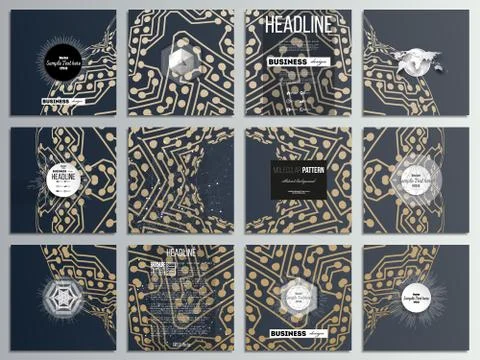 Set of 12 creative cards, square brochure template design. Golden microchip Illustrazione stock