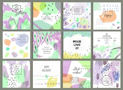 Set of 12 creative universal cards. Hand Drawn textures. Wedding, anniversary Stock Illustration