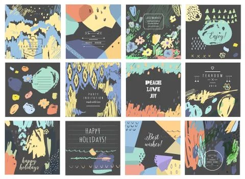Set of 12 creative universal cards. Hand Drawn textures. Wedding, anniversary Stock Illustration