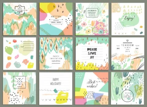 Set of 12 creative universal cards. Hand Drawn textures. Wedding, anniversary Stock Illustration