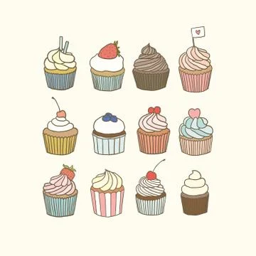 Set of 12 cupcakes. Stock Illustration