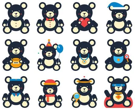 Set of 12 Cute Teddy Bear Character Illustrations Stock Illustration