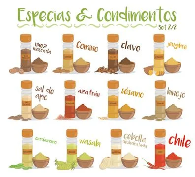 Set of 12 different culinary species and condiments in cartoon style. Set 2.. Stock Illustration
