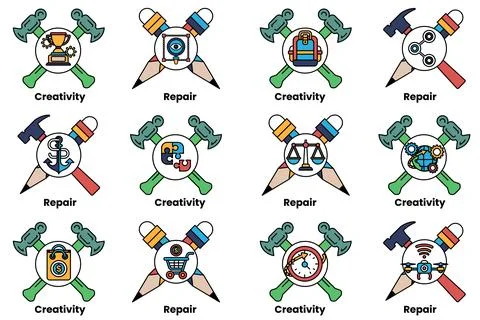 A set of 12 different symbols, each representing a different concept or idea Stock Illustration