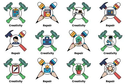 A set of 12 different symbols, each representing a different concept or idea Stock Illustration