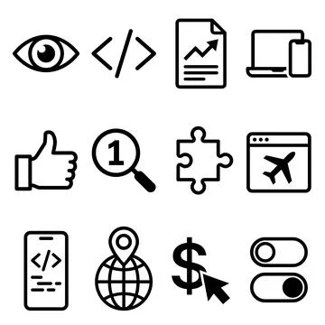Set of 12 flat design icons representing business, technology, and digital .. Stock Illustration