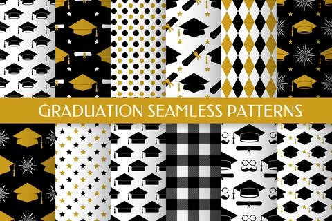 Set of 12 graduation seamless pattern. Academic hat backdrop. Education con.. Stock Illustration