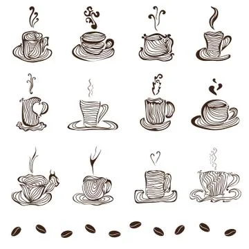 Set of 12 hand drawn decorative coffee cups, design elements Stock Illustration