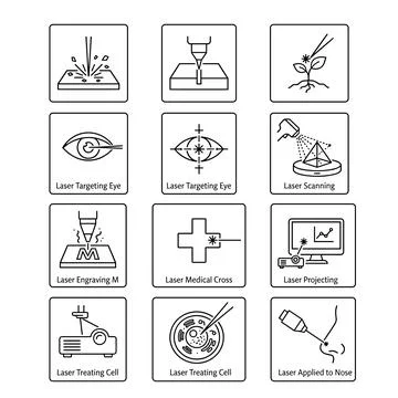 Set of 12 line art icons representing laser technology applications, includ.. Stock Illustration