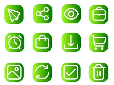 Set of 12 minimalistic green application icons Stock Illustration