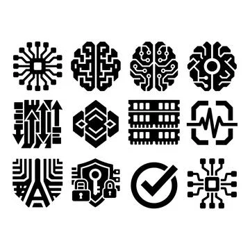 Set of 12 Modern Abstract Tech Icons with Circuit and Brain Designs Stock Illustration