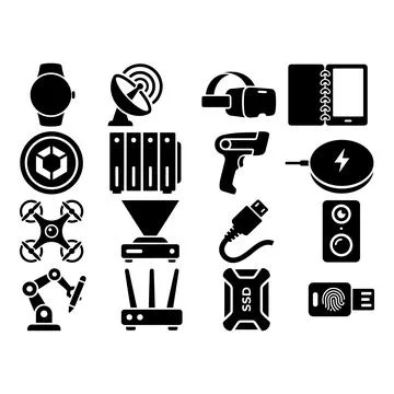 Set of 12 Modern Technology Icons in Minimalist Black and White Style Stock Illustration