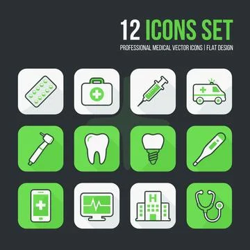 Set of 12 professional medical vector icons in flat design, including pills.. Stock Illustration