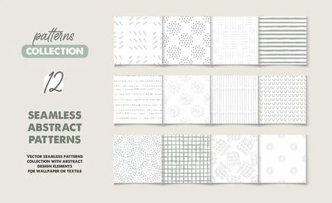 Set of 12 seamless patterns and textures with doodles and abstract elements Stock Illustration