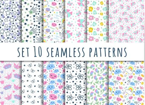Set 12 seamless patterns with decorative elements Stock Illustration