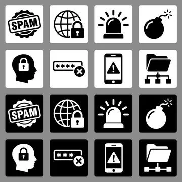 Set of 12 security and spam icons, including spam badge, global network loc.. Stock Illustration