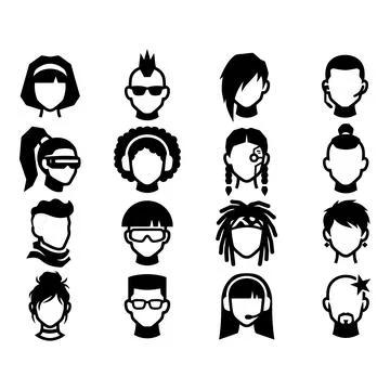 Set of 12 Stylized Human Silhouette Icons with Varied Hairstyles and Access.. Stock Illustration