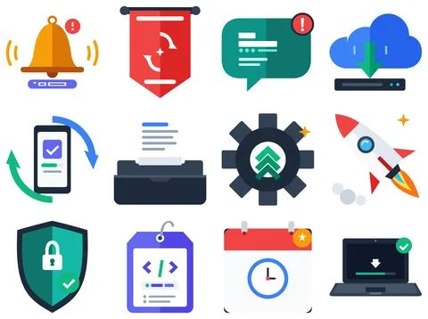 Set of 12 Technology and Web Development Flat Icons Stock Illustration