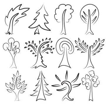 Set of 12 tree sketches, design elements Stock Illustration