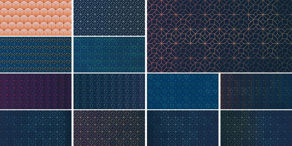 A set of 13 geometric abstract backgrounds with 3D cubes and hexagonal grid.. Stock Illustration