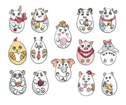 Set with 14 animals in a shape of eggs. These cute animals are made in one st Stock Illustration