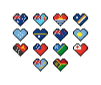 Set of 14 pixel art flags of the countries of Oceania. Icon set Vector Illu.. Ilustración de archivo