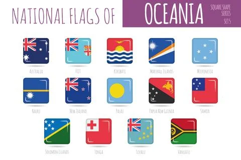 Set of 14 square shaped flags of the countries of Oceania. Icon set Vector .. Stock Illustration