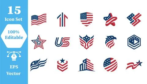 Set of 15 american flag and patriotic themed icons with patriotic, american Stock Illustration