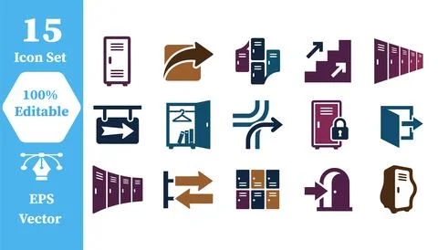 Set of 15 architectural door and entrance vector icons with entrance, securit Stock Illustration
