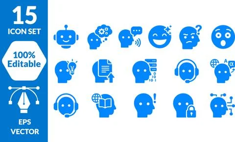 Set of 15 Artificial Intelligence and Humanoid Solid Icons for Technology C.. イラスト素材
