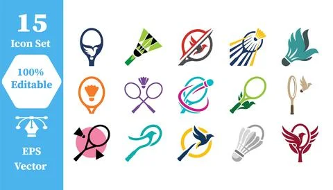 Set of 15 badminton racket and shuttlecock sports icons with badminton, act.. Stock Illustration