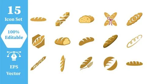 Set of 15 bakery and bread icons with baguette breakfast foodstuff nutrition Illustrazione stock