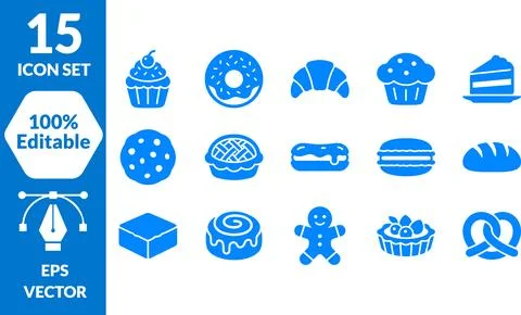 Set of 15 bakery icon collection featuring sweets cupcake donut croissant a.. Illustrazione stock