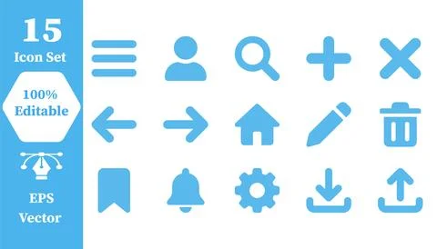 Set of 15 basic website user interface icons in blue with interface, navigati Stock Illustration