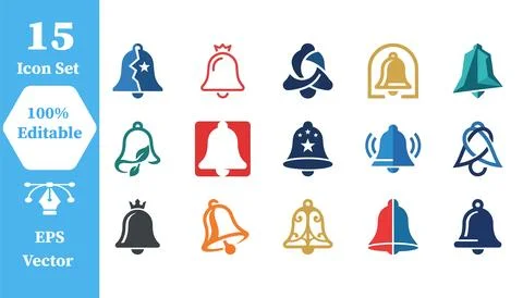 Set of 15 bell icons for notifications and alerts with notification, interfac Stock Illustration