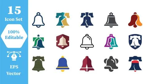 Set of 15 bell shape icons in multiple design styles with notification, ele.. Stock Illustration